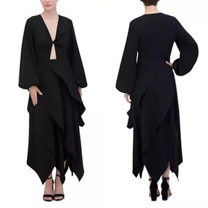 Bcbgmaxazria Black Asymmetrical Flounce Midi Dress Cutout Long Sleeve 4 Elegant